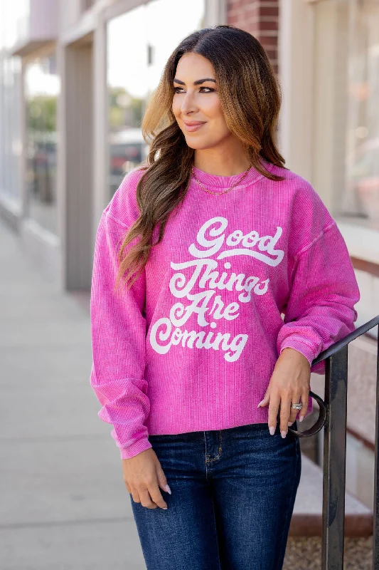 Retro Good Things Are Coming Ribbed Graphic Crewneck