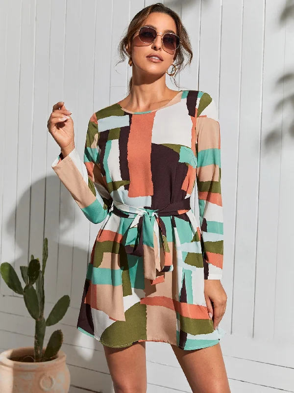 Elegant Colorblock Belted Long Sleeve Round Neck Straight High Waist Short Dress