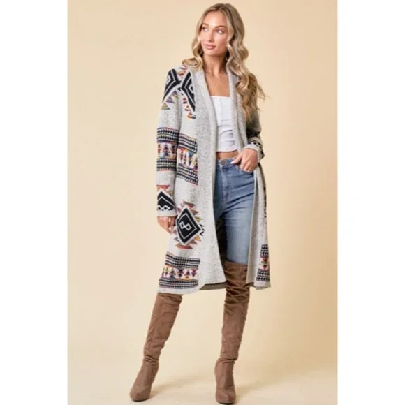 Oatmeal Multi Color Knit Rainbow Diamond Boho Western Aztec Cardigan Sweater