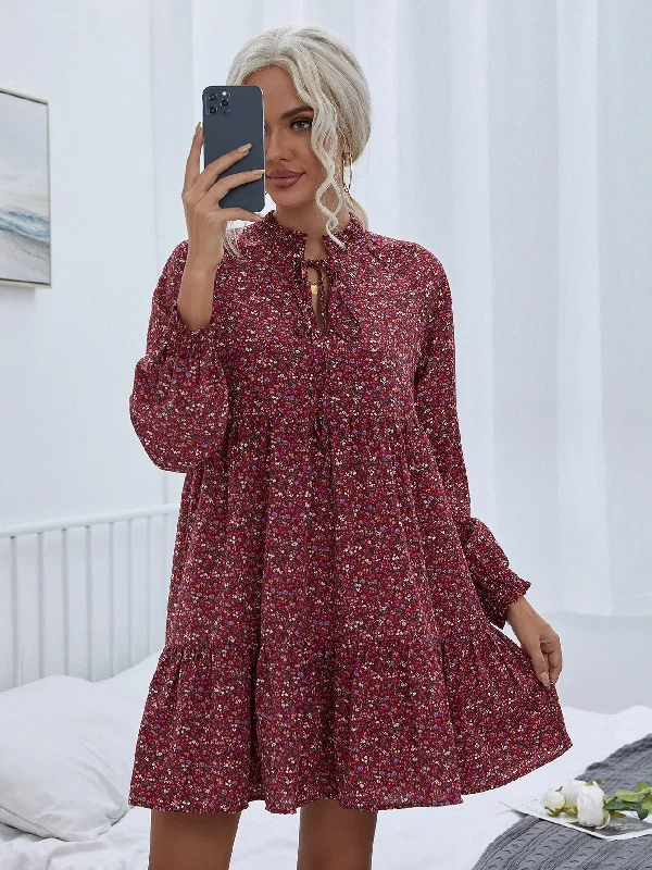 Boho Ditsy Floral Tie Front Long Sleeve Tie Neck Flounce High Waist Short Dress