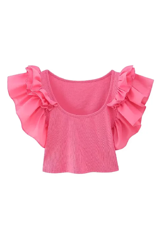 'Oaklyn' Ruffled Sleeves Round-Neck Knitted Top