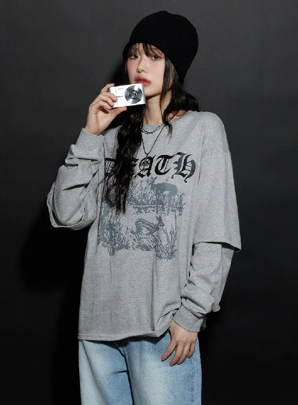 Graphic Double Layered Long Sleeve T-Shirt CJ528