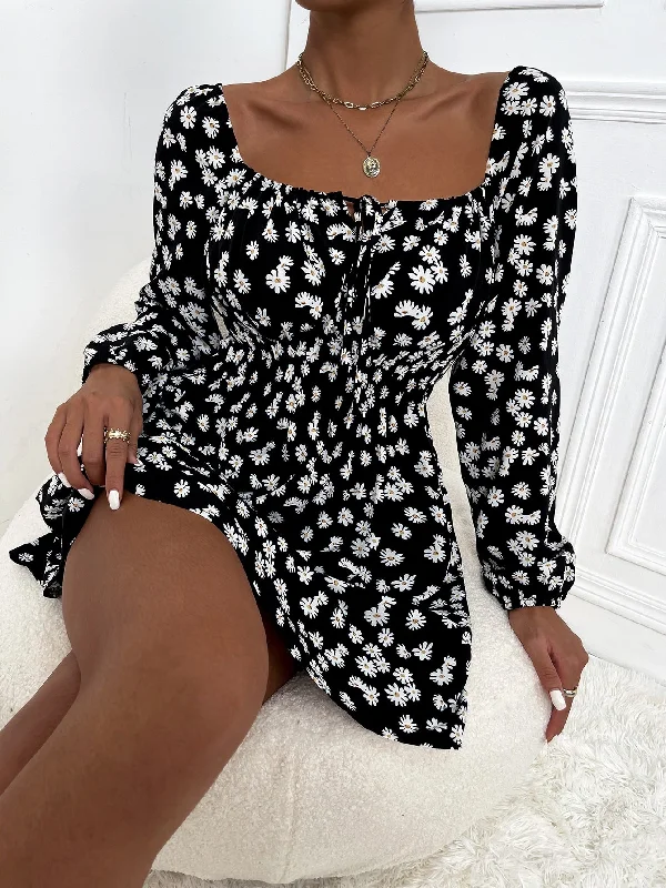 Boho All Over Print Long Sleeve Square Neck Flared High Waist Short Dress