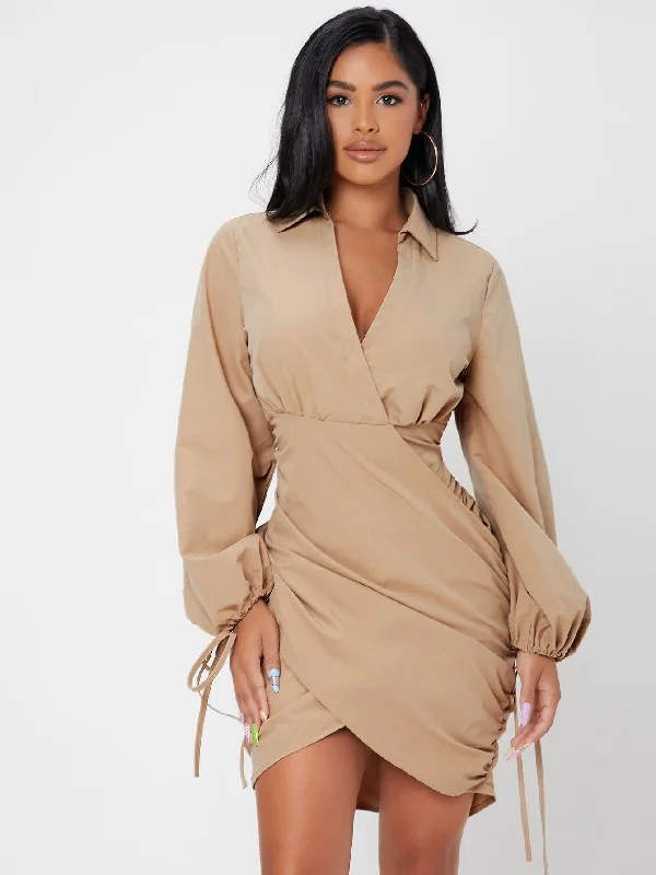 Elegant Plain Knot Long Sleeve Collar Wrap High Waist Short Dress