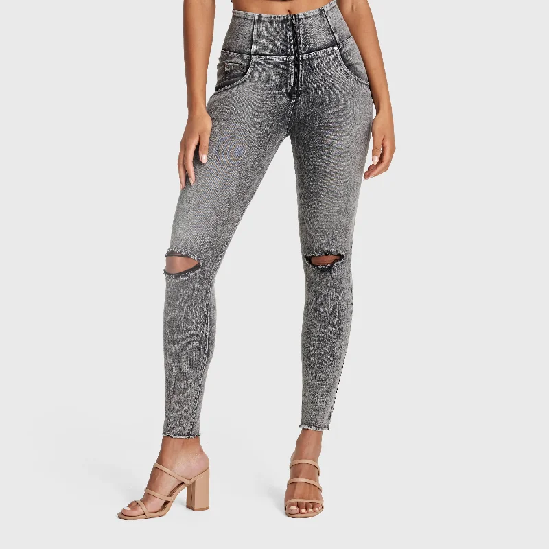 WR.UP® Snug Ripped Jeans - High Waisted - Full Length - Grey Stonewash + Grey Stitching