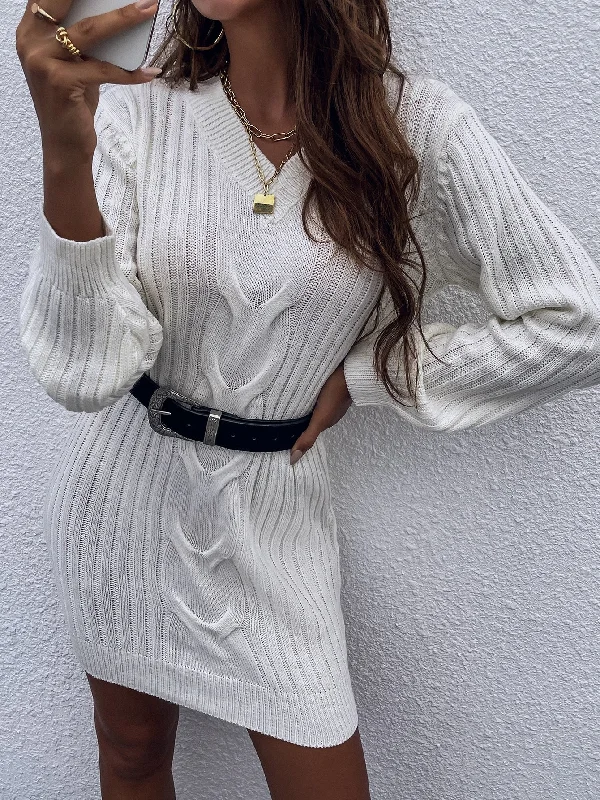 Elegant Plain Rib-Knit Long Sleeve V Neck Straight Natural Mini Women Sweater Dress