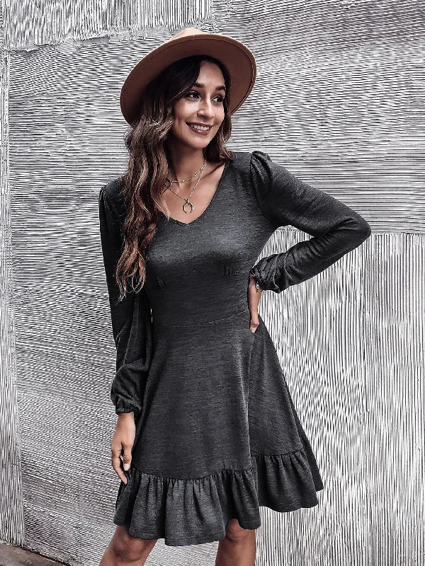 Casual Plain Ruffle Hem Long Sleeve V Neck Flounce High Waist Short Dress