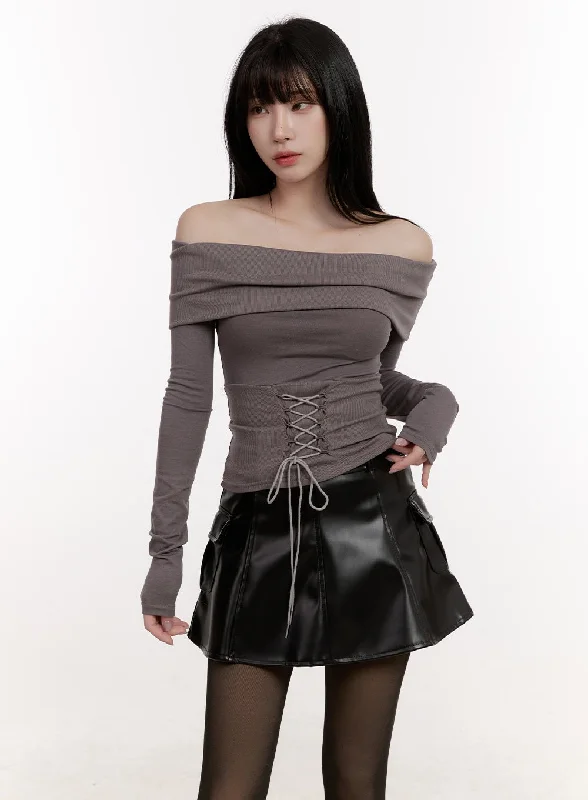 Ribbon Corset Off-Shoulder Long-Sleeve Top CJ529