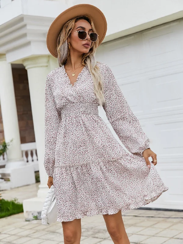 Boho Ditsy Floral Lettuce Trim Long Sleeve V Neck Flounce High Waist Short Dress