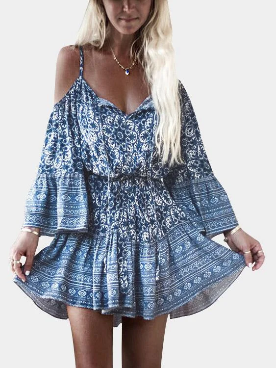 Wholesale Blue V-Neck Long Sleeve Printed Mini Dress