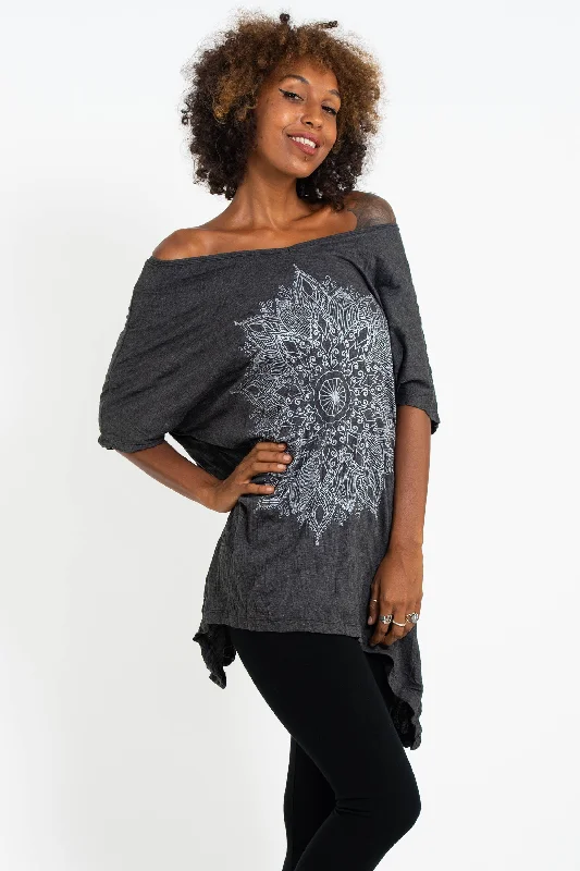 Womens Lotus Mandala Loose V Neck T-Shirt in Silver on Black