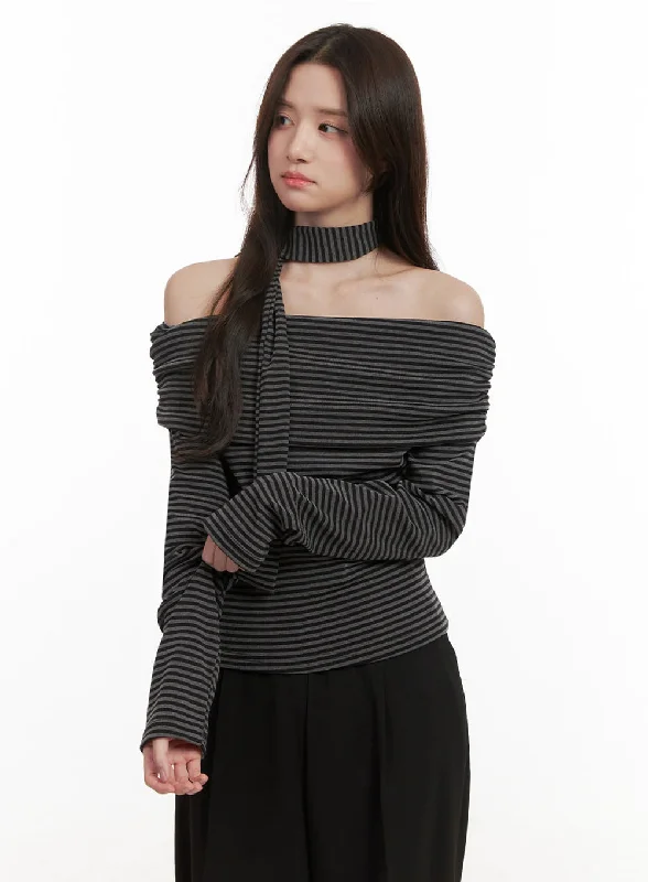 Striped Off-Shoulder Long-Sleeve Top IJ510