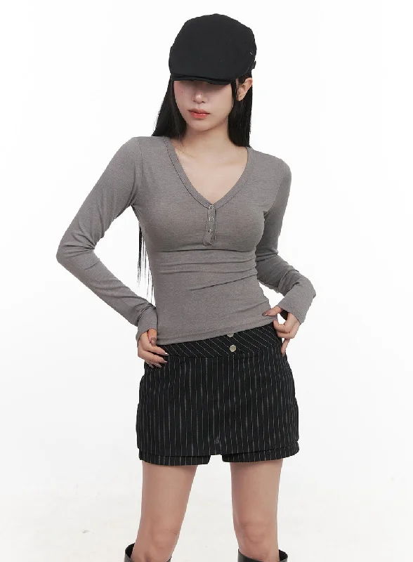 Back Lace-Up Henley Neck Top CJ517