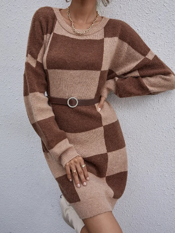 Casual Plaid Long Sleeve Round Neck Straight Natural Short Women Sweater Dress