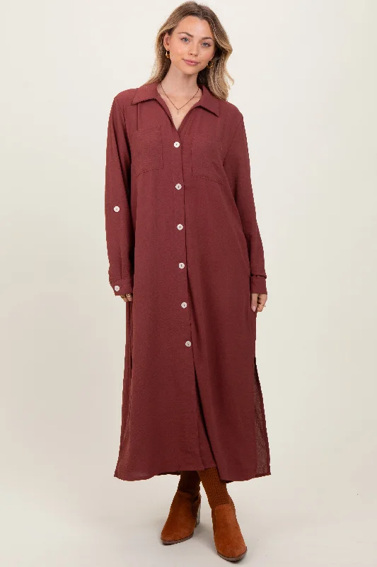 Rust Long Sleeve Button Down Maxi Dress