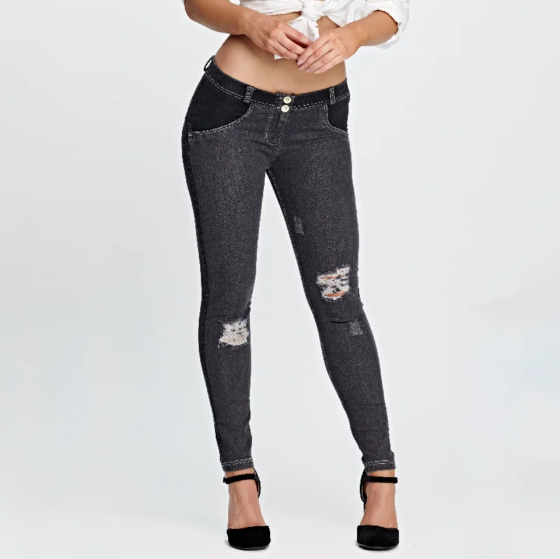 WR.UP® Distressed Denim - Low Waist - Full Length - Black + Grey Stitching