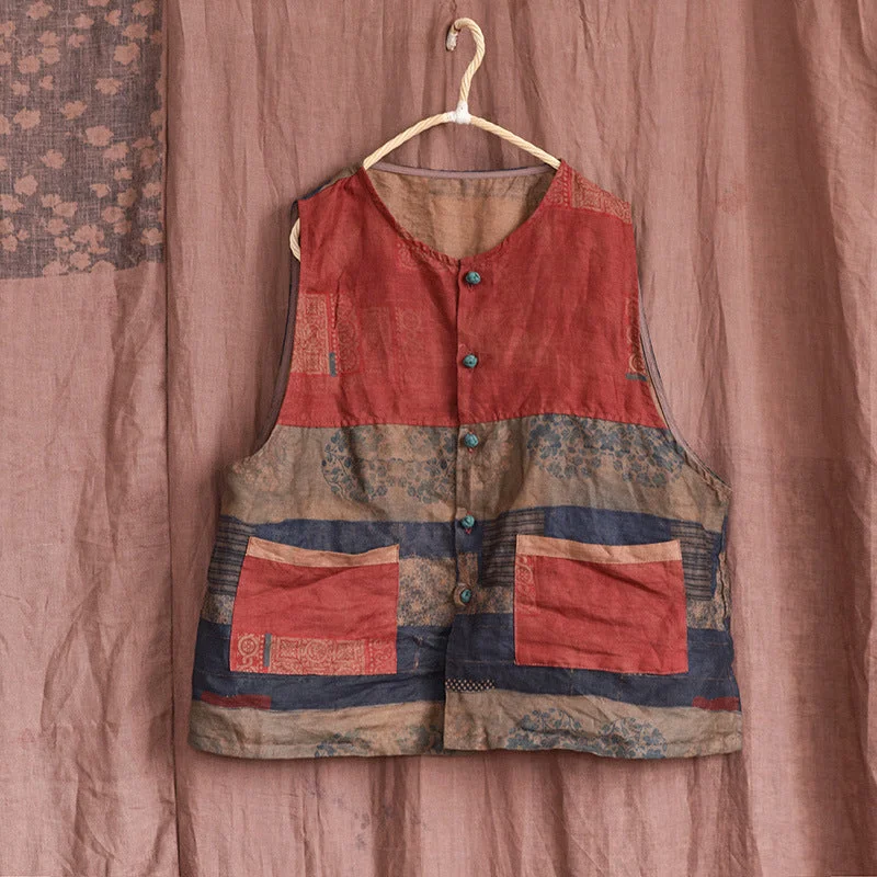 Women Retro Patchwork Linen Loose Vest