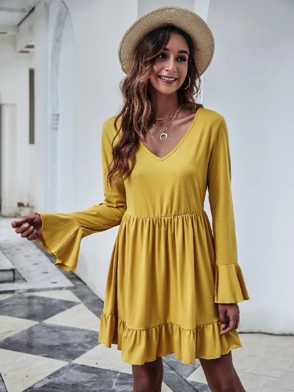 Casual Plain Ruffle Long Sleeve V Neck Flounce High Waist Short Dress