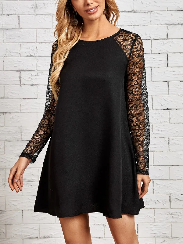 Elegant Plain Contrast Lace Long Sleeve Round Neck Straight Natural Short Dress