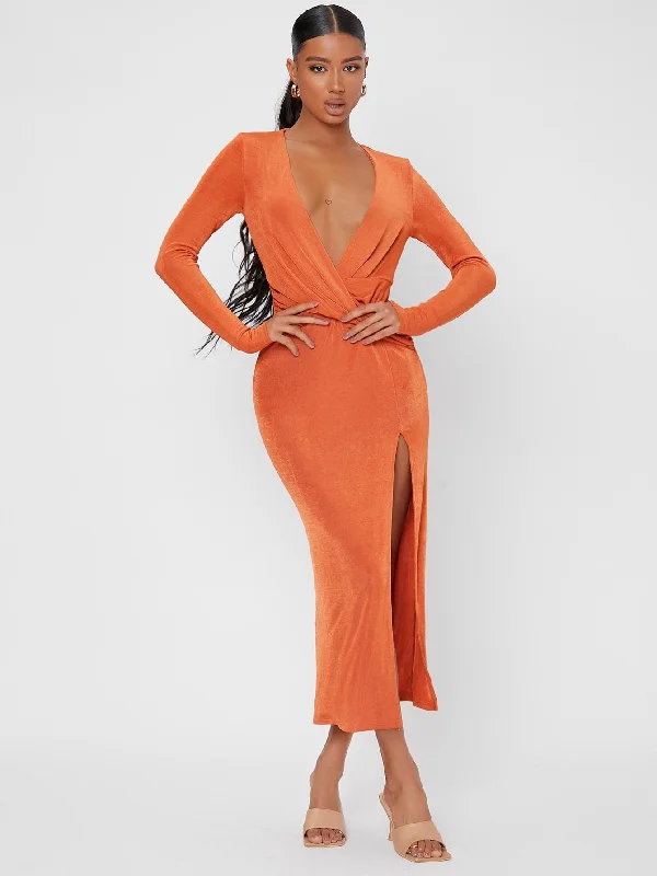 Glamorous Plain Split Thigh Long Sleeve Deep V Neck Slit High Waist Long Dress