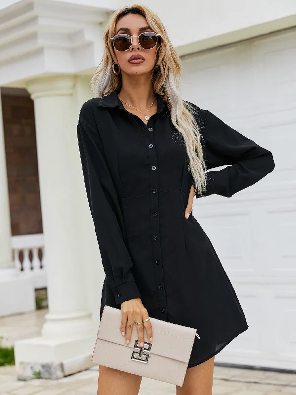 Casual Plain Button Front Long Sleeve Collar Flared High Waist Short Dress