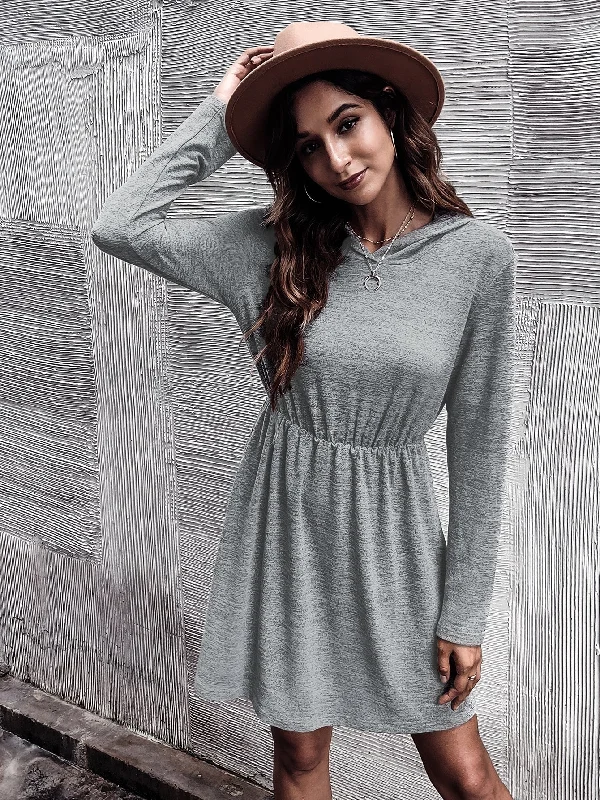 Casual Plain Long Sleeve Hooded Flared High Waist Short Dress