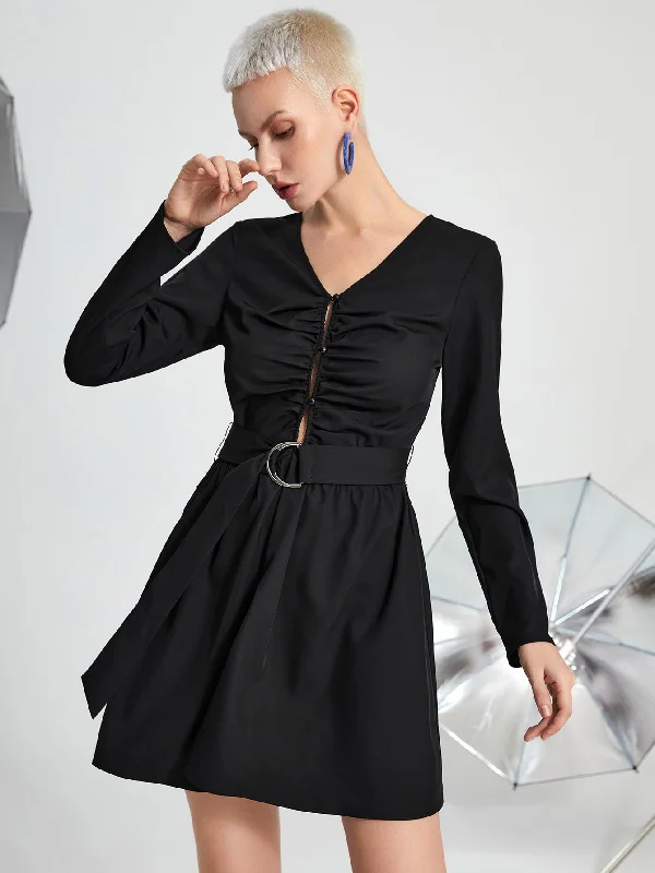 Elegant Plain Button Front Long Sleeve V Neck Flared High Waist Short Dress