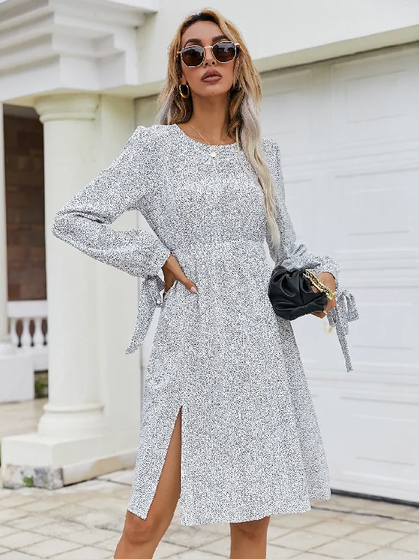 Elegant All Over Print Split Thigh Long Sleeve Round Neck Slit High Waist Knee Length Dress