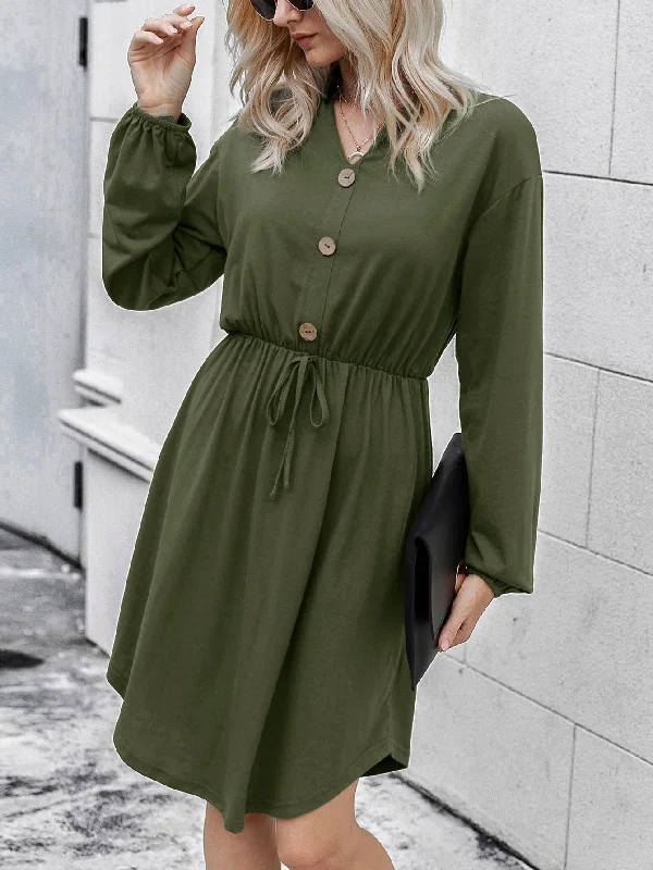 Casual Plain Button Front Long Sleeve V Neck Asymmetrical High Waist Knee Length Dress