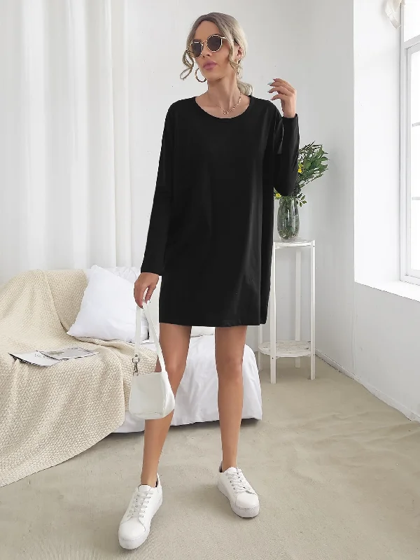 Casual Plain Long Sleeve Round Neck Straight Short Dress