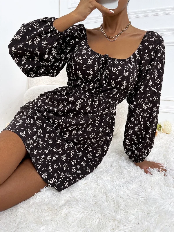 Boho Ditsy Floral Knot Long Sleeve Scoop Neck Flared High Waist Short Dress