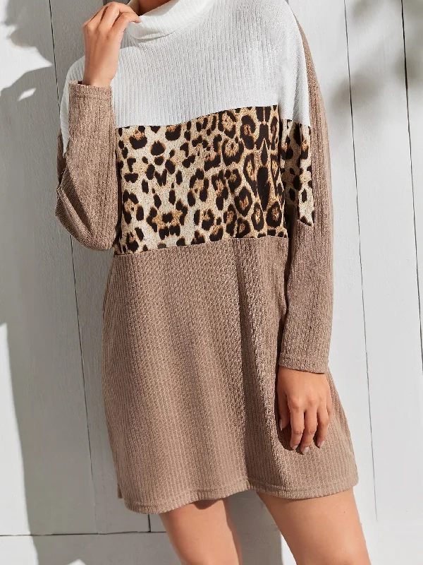 Casual Leopard Rib-Knit Long Sleeve Stand Collar Straight Natural Short Dress