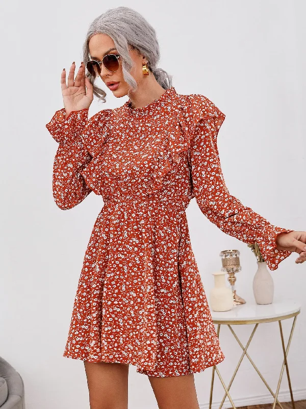 Boho Ditsy Floral Button Long Sleeve Stand Collar Flared High Waist Short Dress